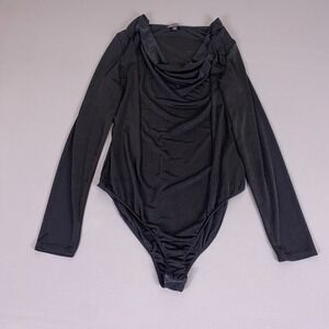 Curvy Sense Bodysuit Womens 1X Plus Size Black Cowl Neck Long Sleeve Snap Bottom